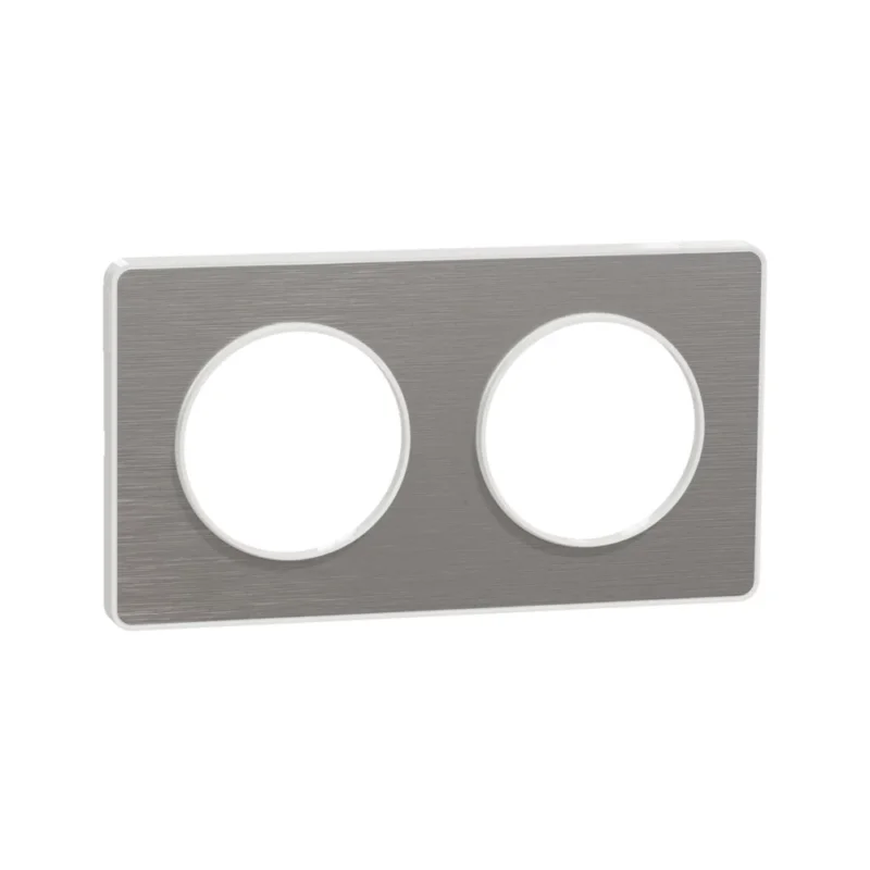 Plaque de finition 2 postes Odace Touch Aluminium brossé liseré blanc Schneider Code 947VR Must-Have