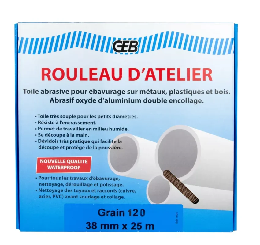 Rouleau d‘atelier GEB 25m x 38mm grain 120 Code 724RH Meilleur Choix